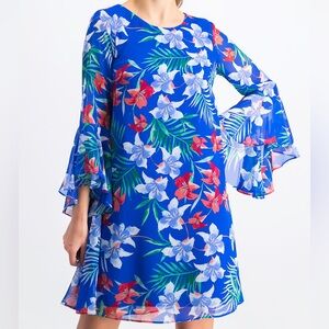 INC International Dress 10 Blue Floral Tropical Chiffon Bell-Sleeve Knee Length